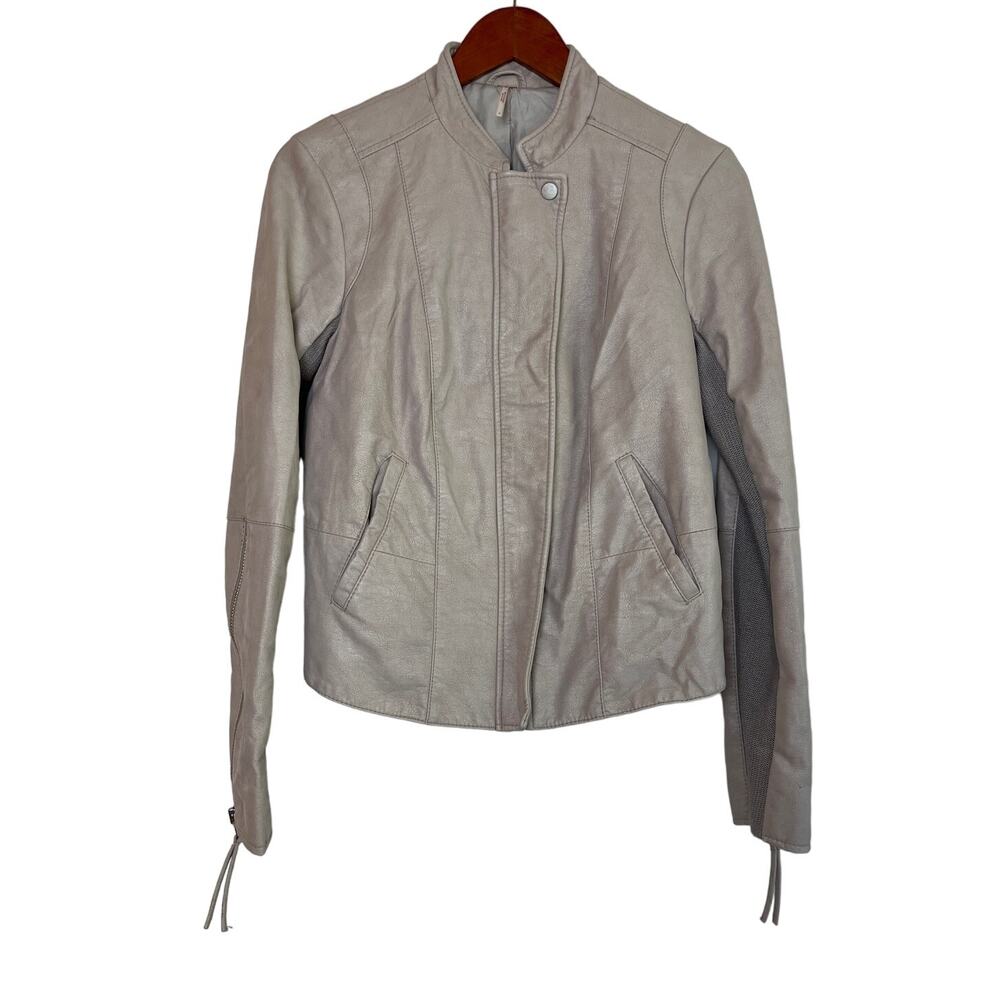 Free People Vegan Faux Leather Moto Jacket Size 8 Light Beige Knit Panels Boho
